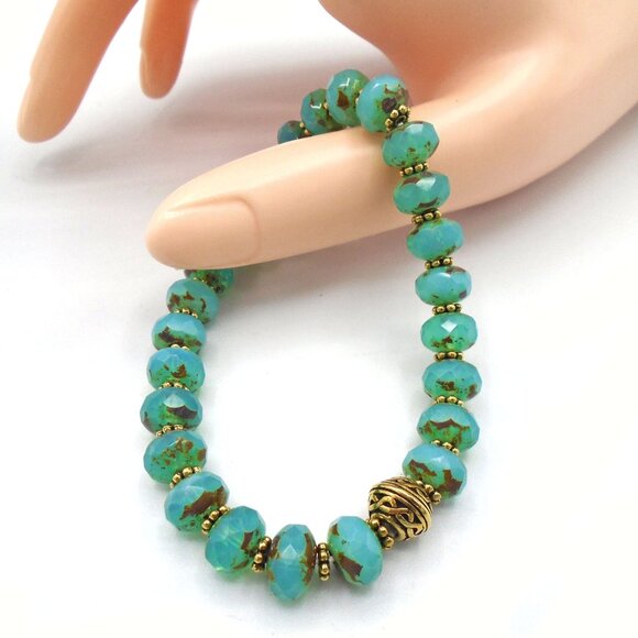 NEW ~ CZECH GLASS Aqua Blue Picasso Stretch Bracelet - Picture 3 of 3